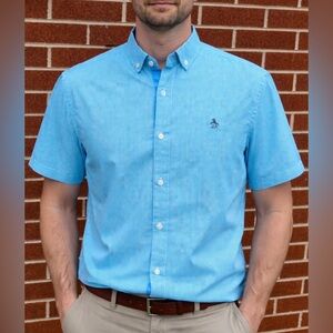-Original Penguin Blue Gingham Button-Down S/S Heritage Slim Fit Shirt Sz Large